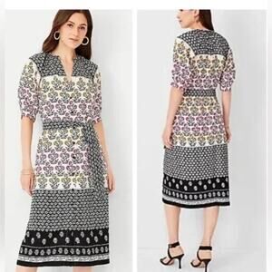 Ann Taylor Black Ivory Floral Puff Sleeve Shirt Dress Belted US 4 Romantic Fairy